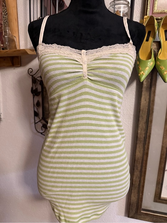 Abercrombie & Fitch Tops - VTG Abercrombie & Fitch Y2K Lace Cami Tank Top Green Striped •Size L•